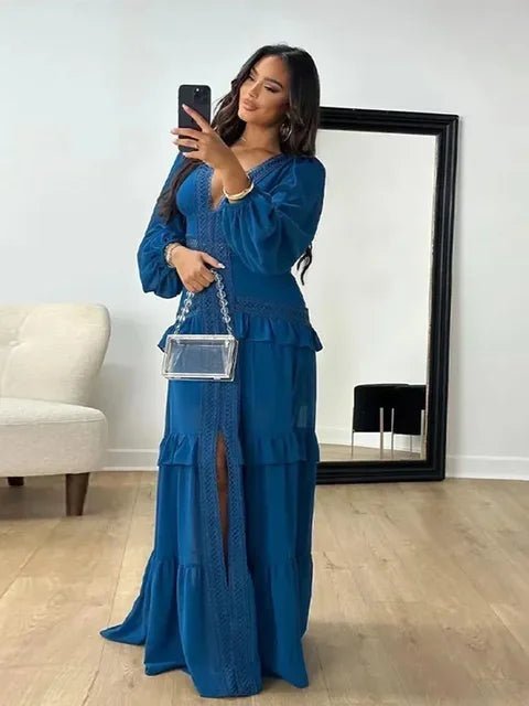 SOERA Molly Deep V-Neck Ruffle Maxi Dress - Dresses -  Light Blue S