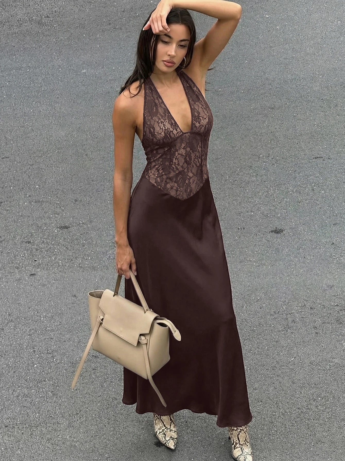 SOERA Serena Halter Backless Lace Patchwork Dress - Dresses -  Black XS