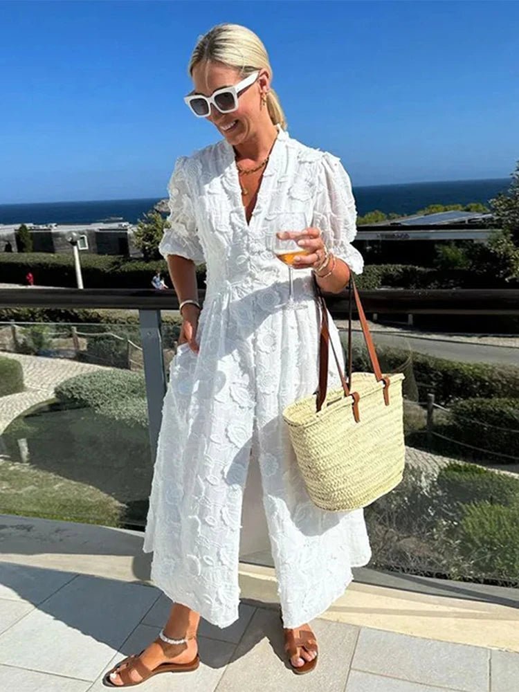 SOERA Wendy Embroidered Lace V-Neck Midi Dress - Dresses -  White L