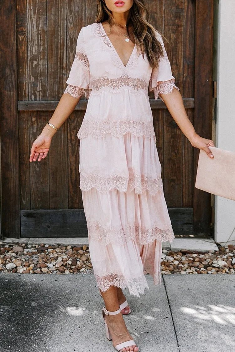 SOERA Winona Lace V - Neck Midi Dress - Dresses - 1005008576606072-;LW1776146840072308593 Pink S