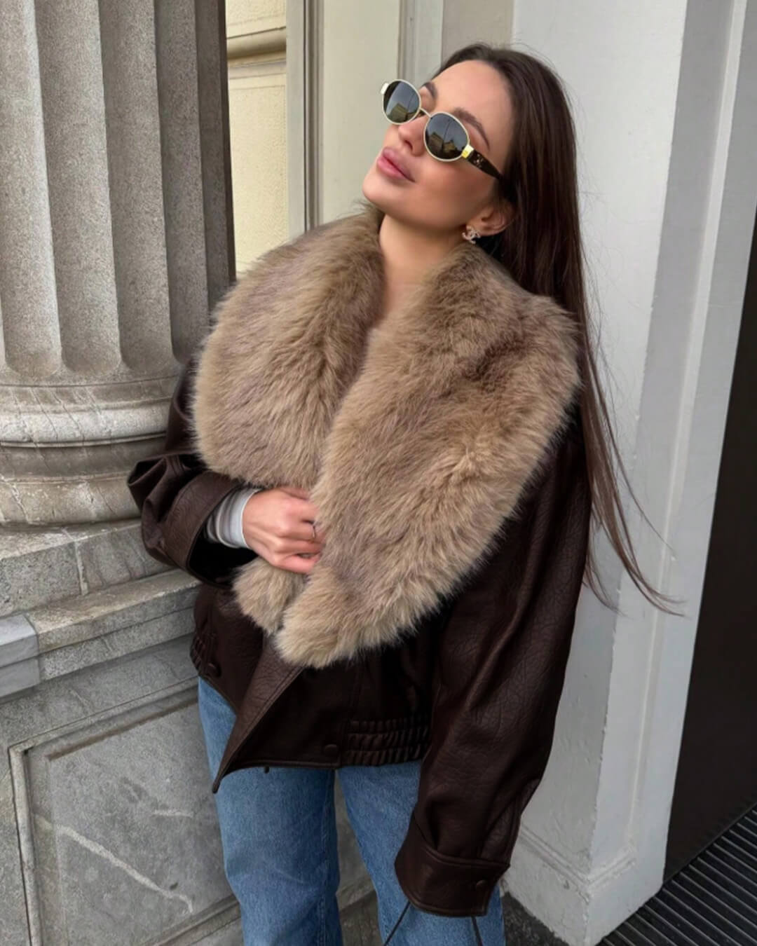 Francesca Faux Leather Jacket with Detachable Fur Collar