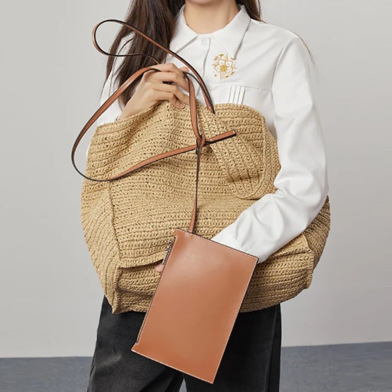 SOERA Aimee Handwoven Straw Beach Tote Bag - Handbags -  Dark Brown