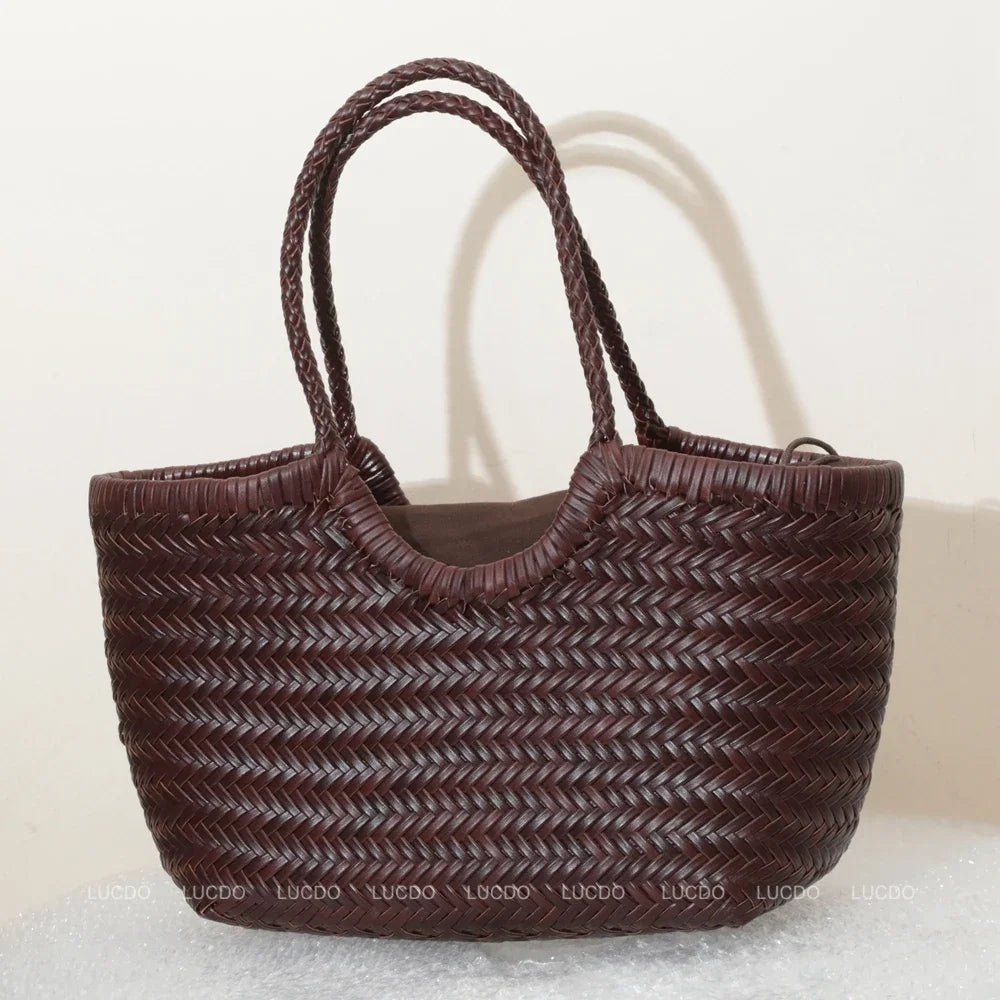 SOERA Bianca Handwoven Leather Tote Bag - Handbags -  Coffee Small
