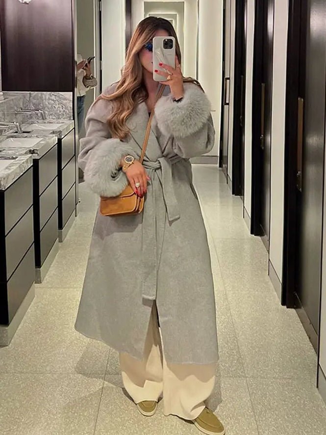 SOERA Wool Wrap Coat with Fox Fur Cuff - Jackets - 3256809512722732-;cC1766845283313598018 Long Grey S