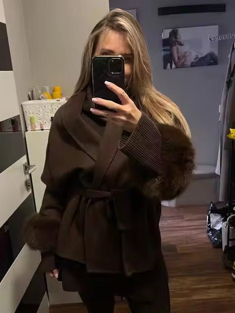 SOERA Wool Wrap Coat with Fox Fur Cuff - Jackets - 3256809512722732-;qd1766845283309223046 Short Coffee S