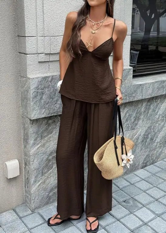 Odette Deep V-Neck Cami Wide Leg Pants Set