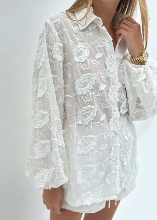SOERA Beatrice Sheer Embroidered Shirt & High-Waist Shorts Set - Matching Sets -  M