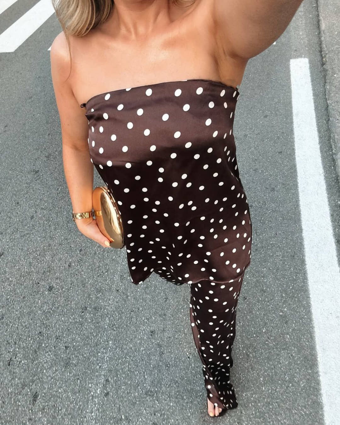 SOERA Claudine Satin Bandeau Pants Suit - Matching Sets - Dn1774004001182414431 Brown Polka Dot L