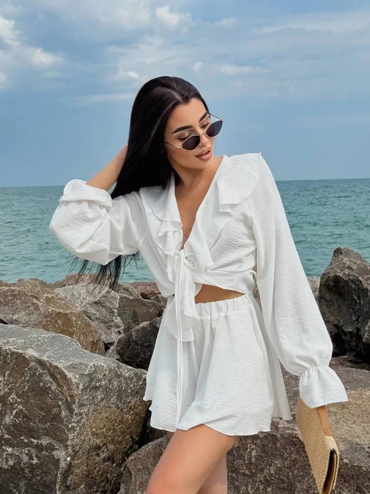 SOERA Cordelia V - Neck Ruffle Two - Piece Set - Matching Sets -  White S