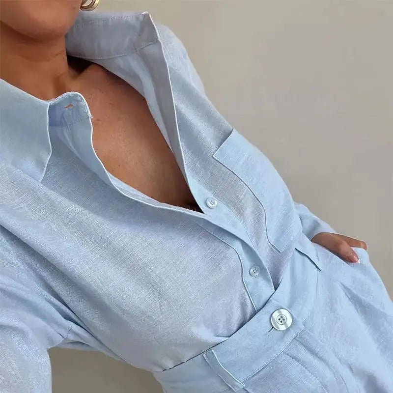 SOERA Solenn Long Sleeve High Waist Shorts Linen Set - Matching Sets - 1005006975478785-;zk1776063209451321739 Blue S