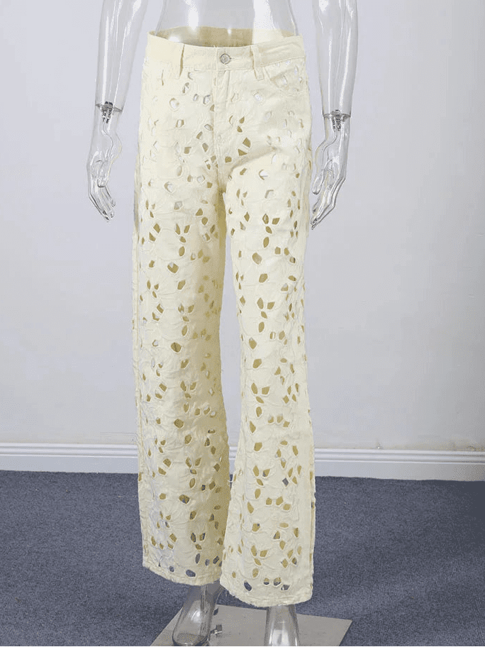 SOERA Anais Hollow-Out Denim High Waist Straight Jeans - Pants -  Beige S