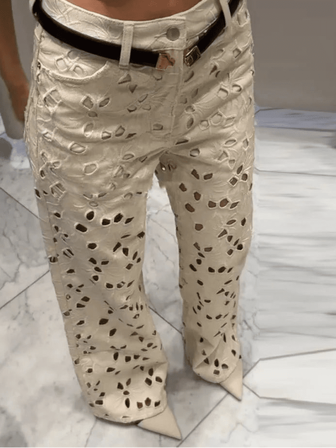 SOERA Anais Hollow-Out Denim High Waist Straight Jeans - Pants -  Beige S