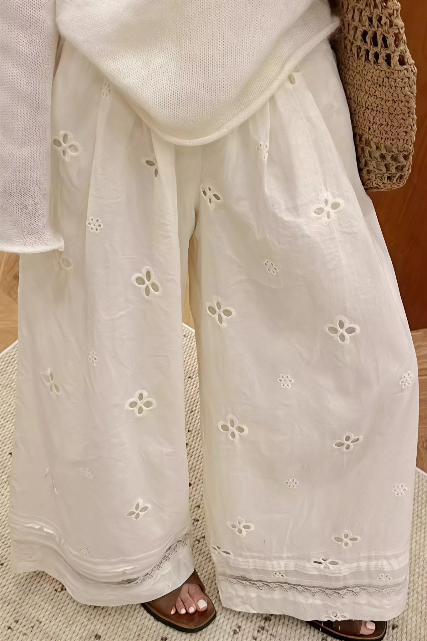 SOERA Bianca Hollow Out Lace Wide Leg Pants - Pants -  Beige L