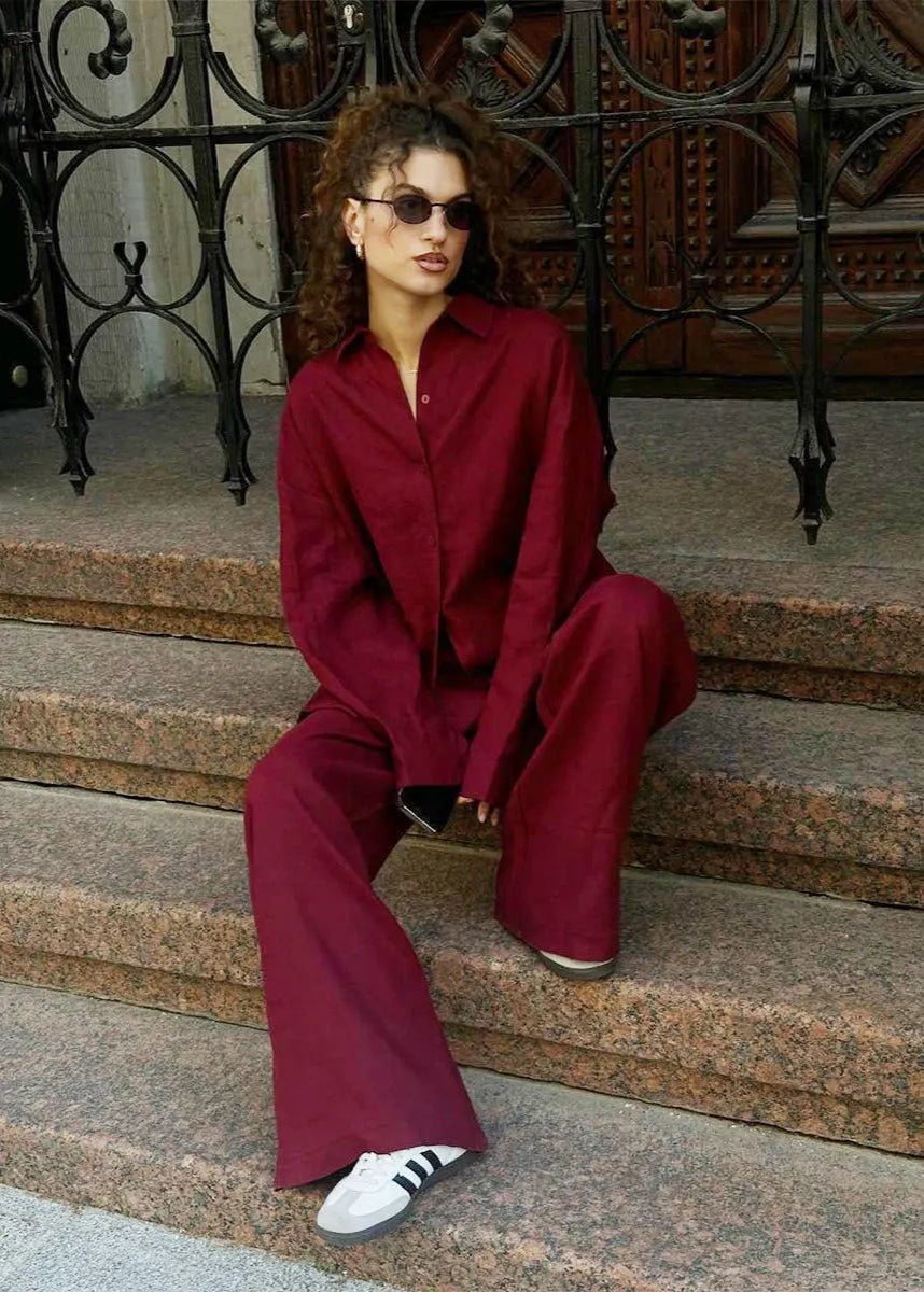 SOERA Bianca Relaxed Cotton Shirt & Wide-Leg Pants Set - Pants -  Burgundy L