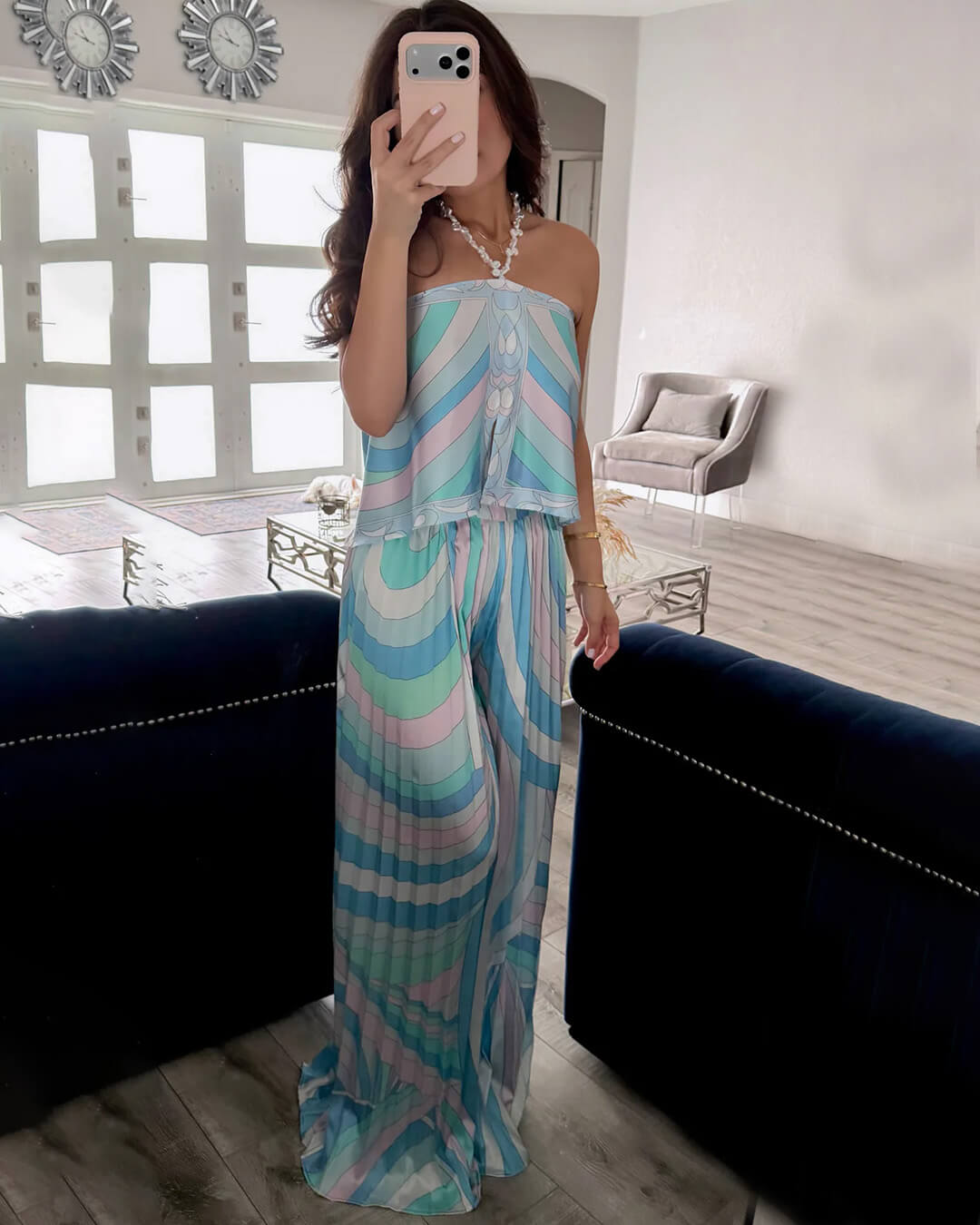 SOERA Nora Pleated Capri Pants Co-Ord Set - Set -  Blue L