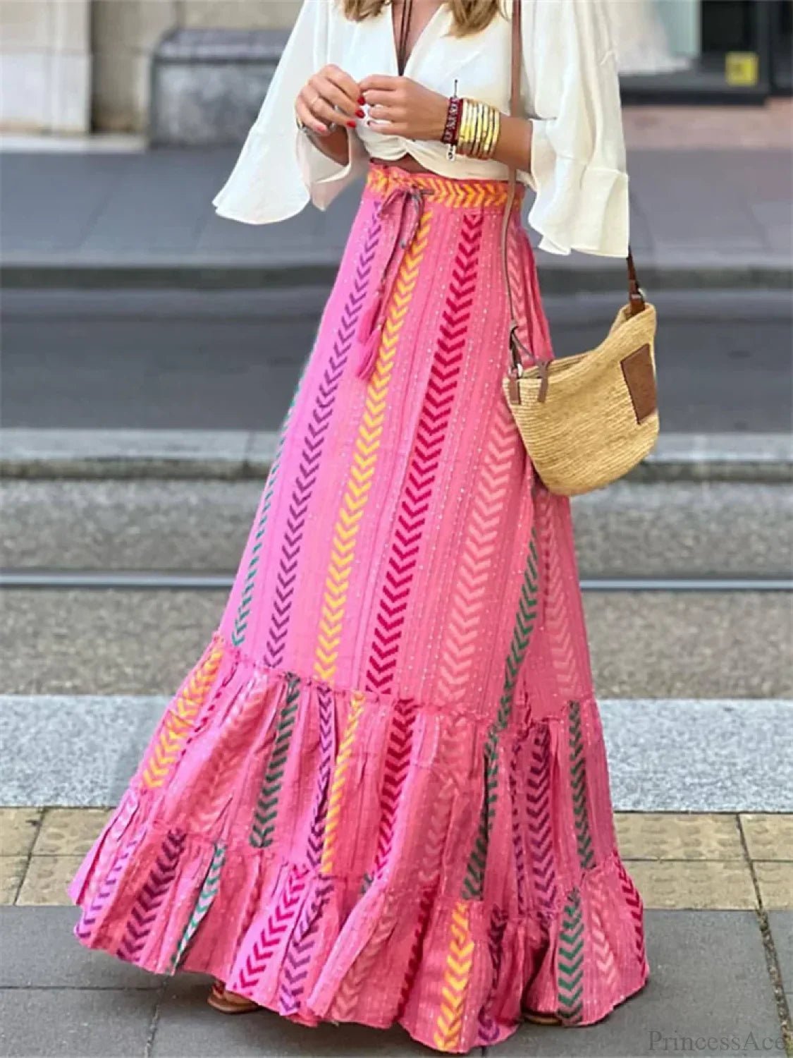 SOERA Celeste Flowy Boho Print Ruffled Hem Skirt - Skirt -  Pink S