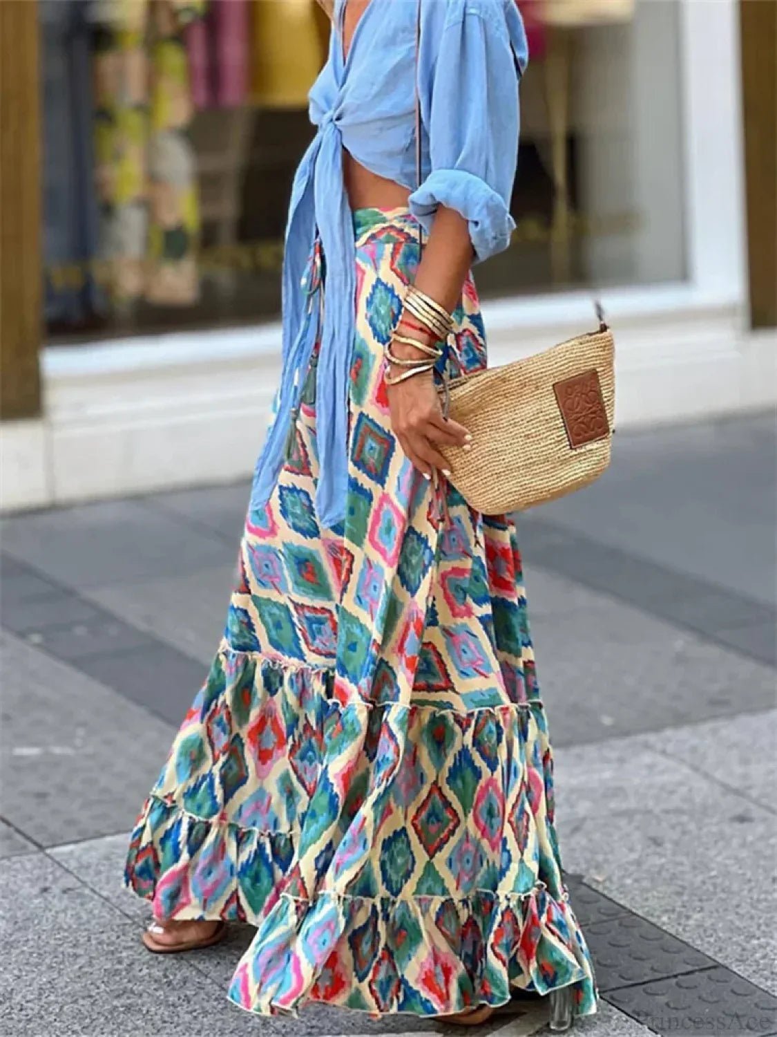 SOERA Celeste Flowy Boho Print Ruffled Hem Skirt - Skirts -  Sky Blue S