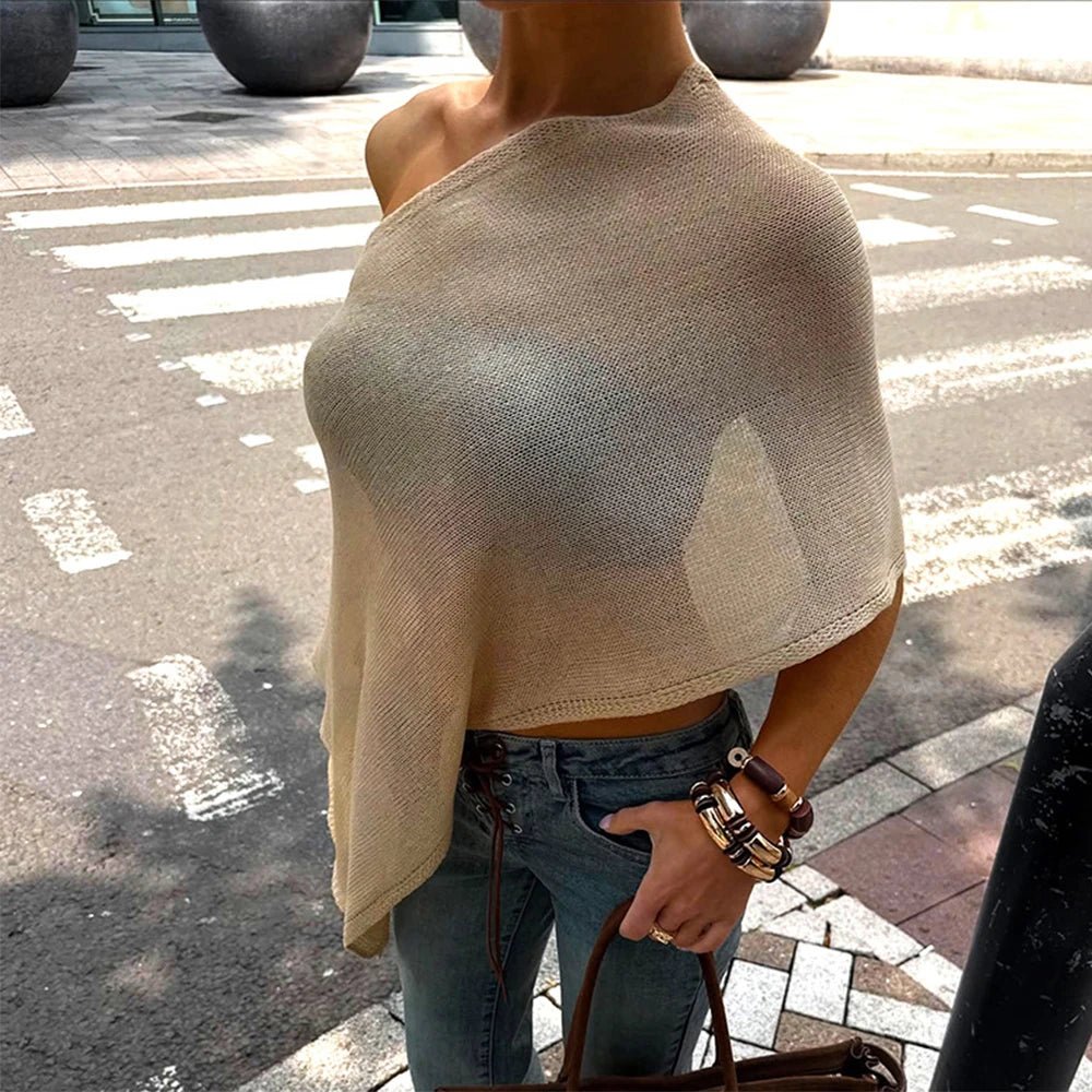 SOERA Jade Asymmetrical Sheer Poncho Top - Sweaters & Cardigans - 1005009531563971-;qY1771345061948585465 Brown M