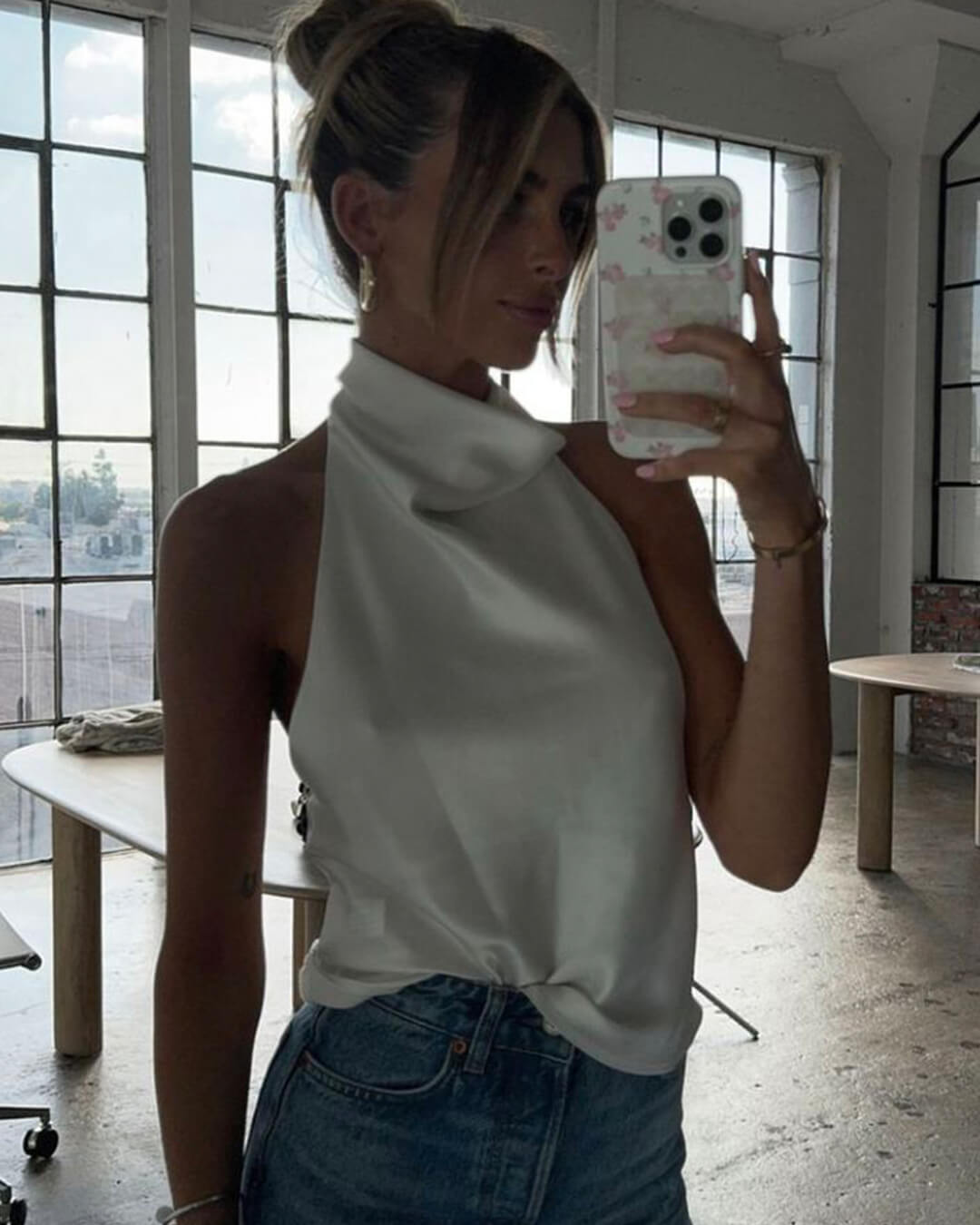 SOERA Anastasia Halter Backless Satin Top - Tops -  White S