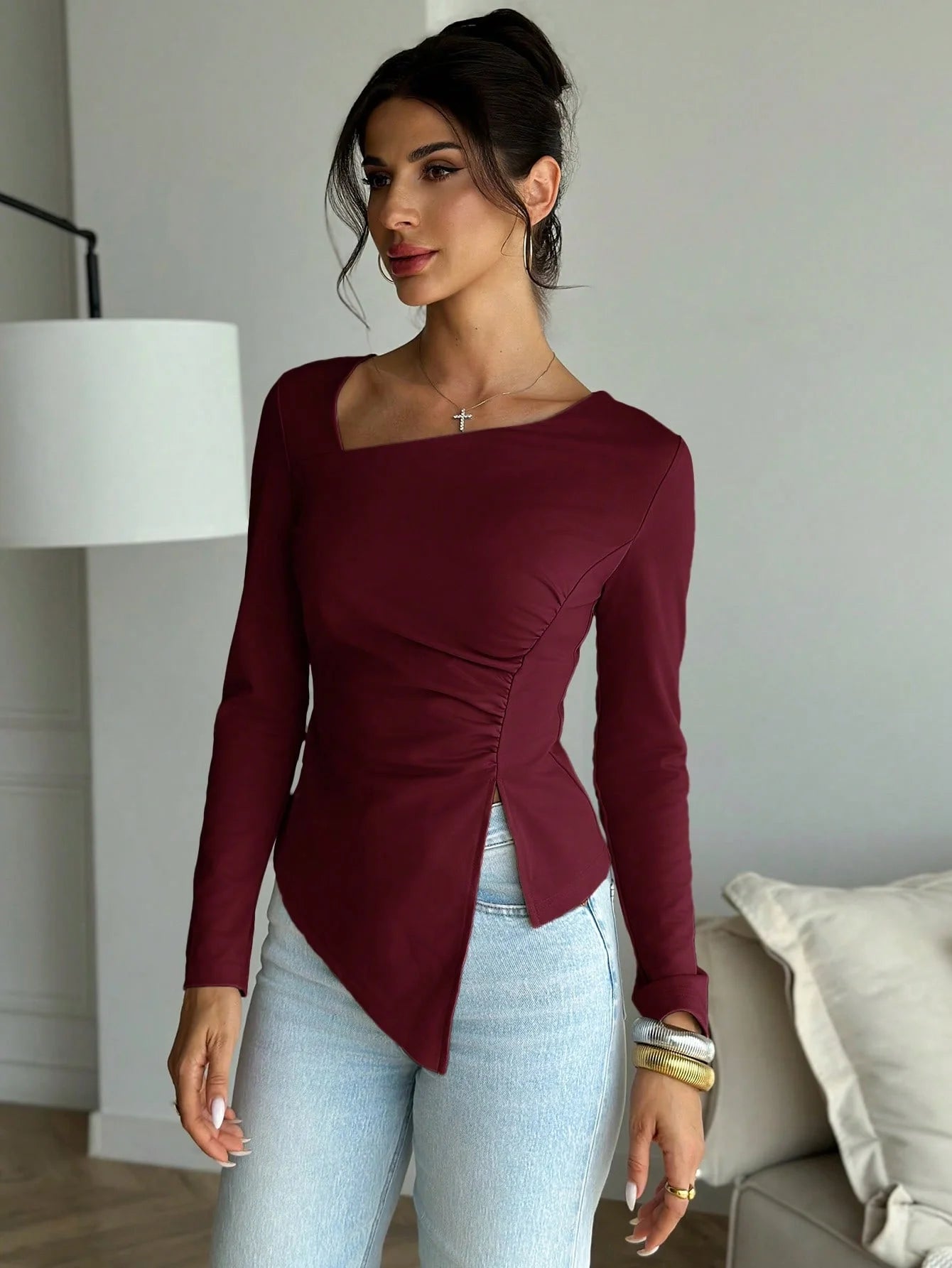 SOERA Annie Asymmetrical Long Sleeve Top - Tops - 1005007979786540-;wq1770650302570705616 Burgundy XS