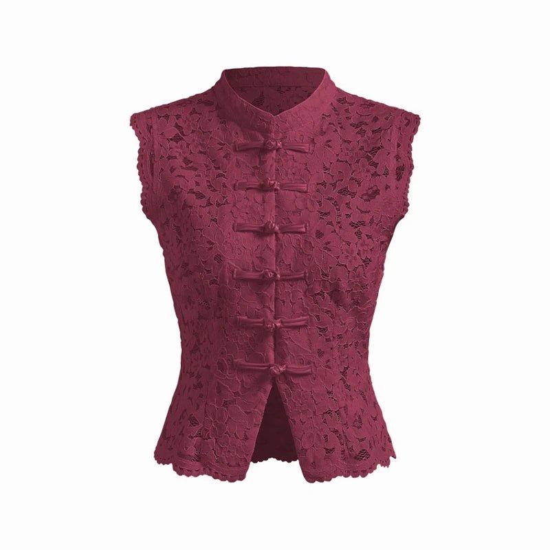 SOERA Beatrix Sheer Lace Mandarin Collar Blouse - Tops -  Burgundy M