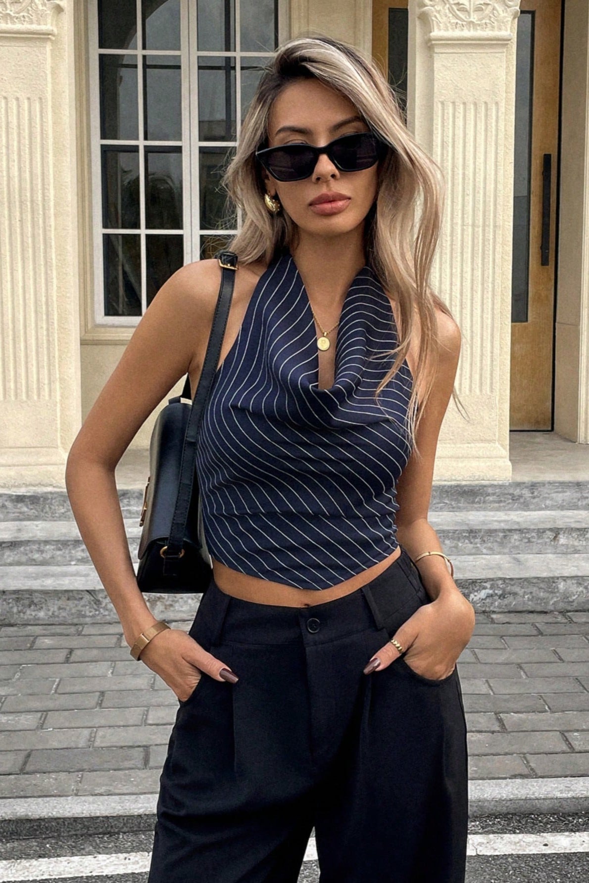 SOERA Olive Drape Halter Neck Top - Tops - mA1775573973371596811 Blue L