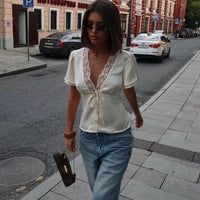 Rosette Lace Short Sleeve V-Neck Top